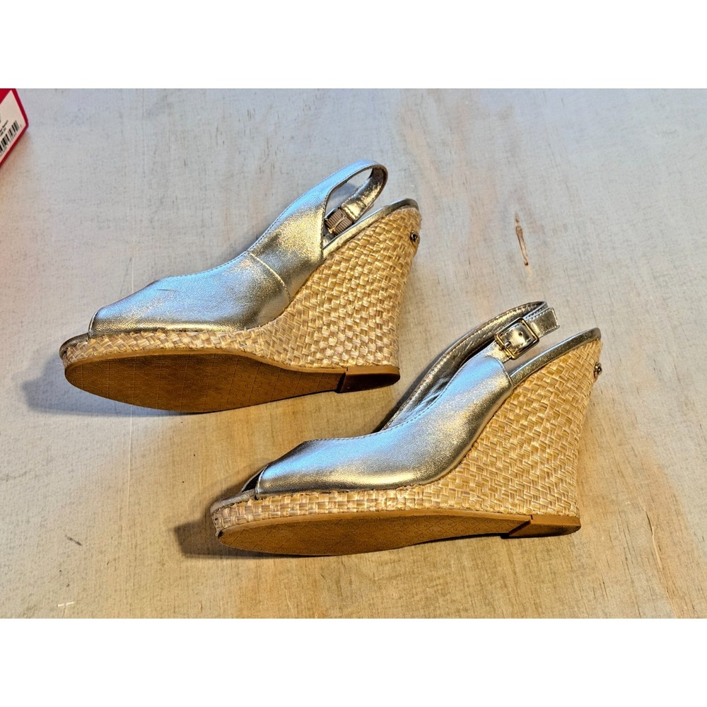 Lilly Pulitzer Kristin Wedge 8.5 Sandals Gold Metallic Leather Slingback OpenToe - Picture 6 of 15